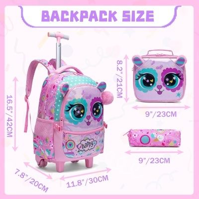 Mochila infantil rosa com rosto de animal, estojo e bolsa combinando com medidas indicadas