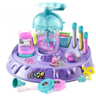 Kit para fazer slime com base roxa, tampa azul, tubos de glitter e potes de slime.