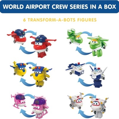 Figuras Transform-A-Bots série World Airport Crew com aviões coloridos que se transformam em robôs.