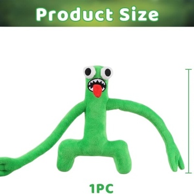 Brinquedo de pelúcia verde comprido com olhos grandes e boca aberta.