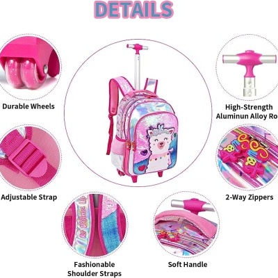 mochila de rodinhas cor-de-rosa com estampa de lhama e detalhes em azul