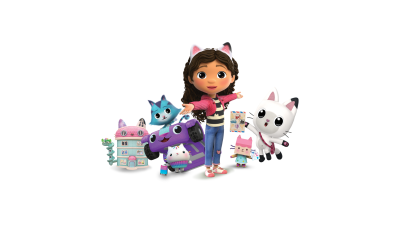 Boneca de menina com cabeça de gato e personagens animais coloridos