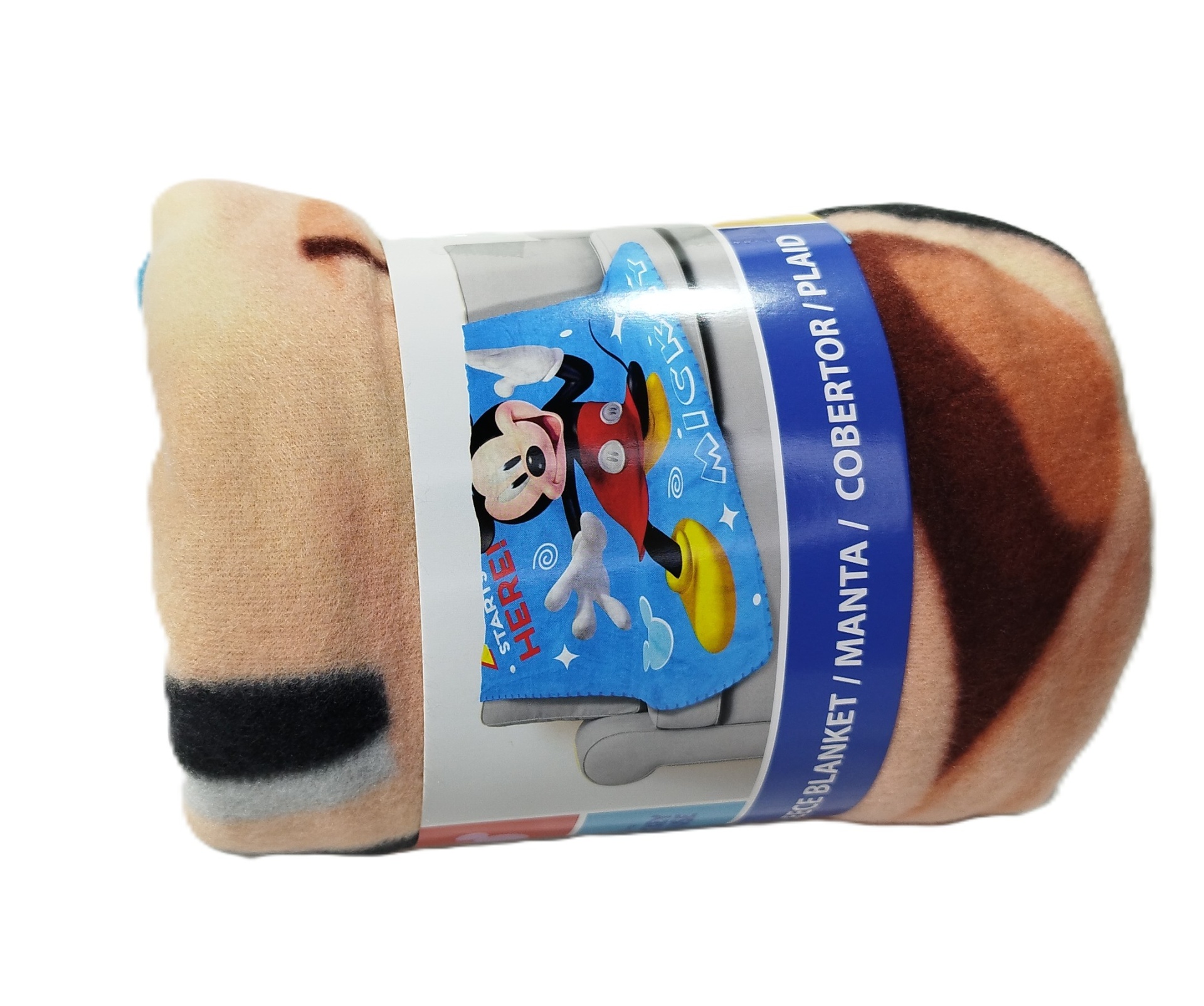 MANTA POLAR INFANTIL 100X140CM - MICKEY Cobertor felpudo com estampa do Mickey Mouse envolto em embalagem com texto em inglês e português.