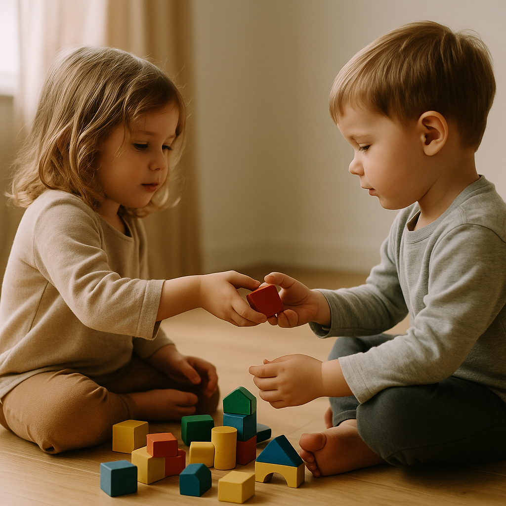Crianças a brincar com blocos de construção coloridos no chão