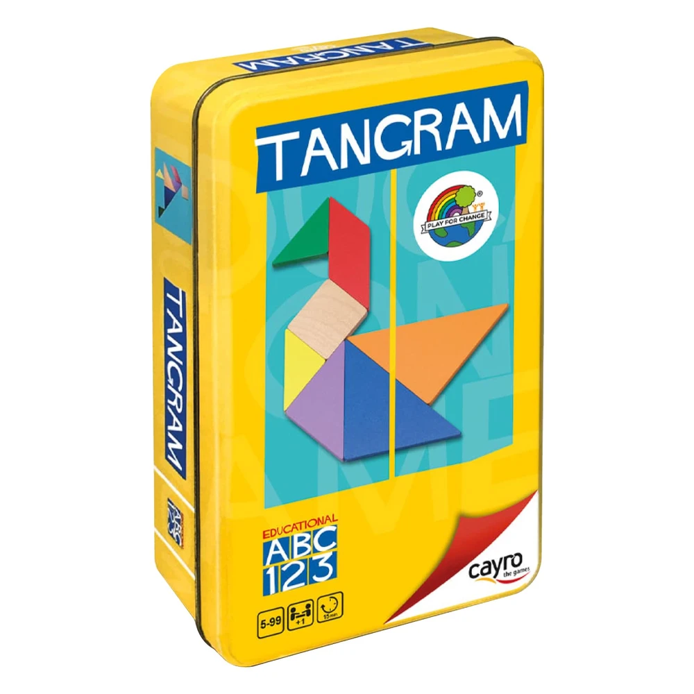 Tangram em Madeira com Caixa de Metal, Cayro Caixa metálica amarela com quebra-cabeça Tangram colorido e texto educativo.