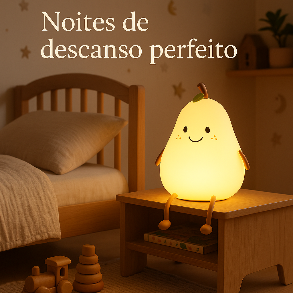 Lâmpada infantil em forma de pêra sorridente numa mesa de cabeceira de madeira