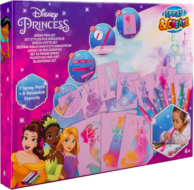 CONJUNTO CANETAS DE SOPRO 13 PEÇAS - PRINCESAS DISNEY Conjunto Disney Princess Spray Pen com canetas de spray e estênceis em caixa rosa