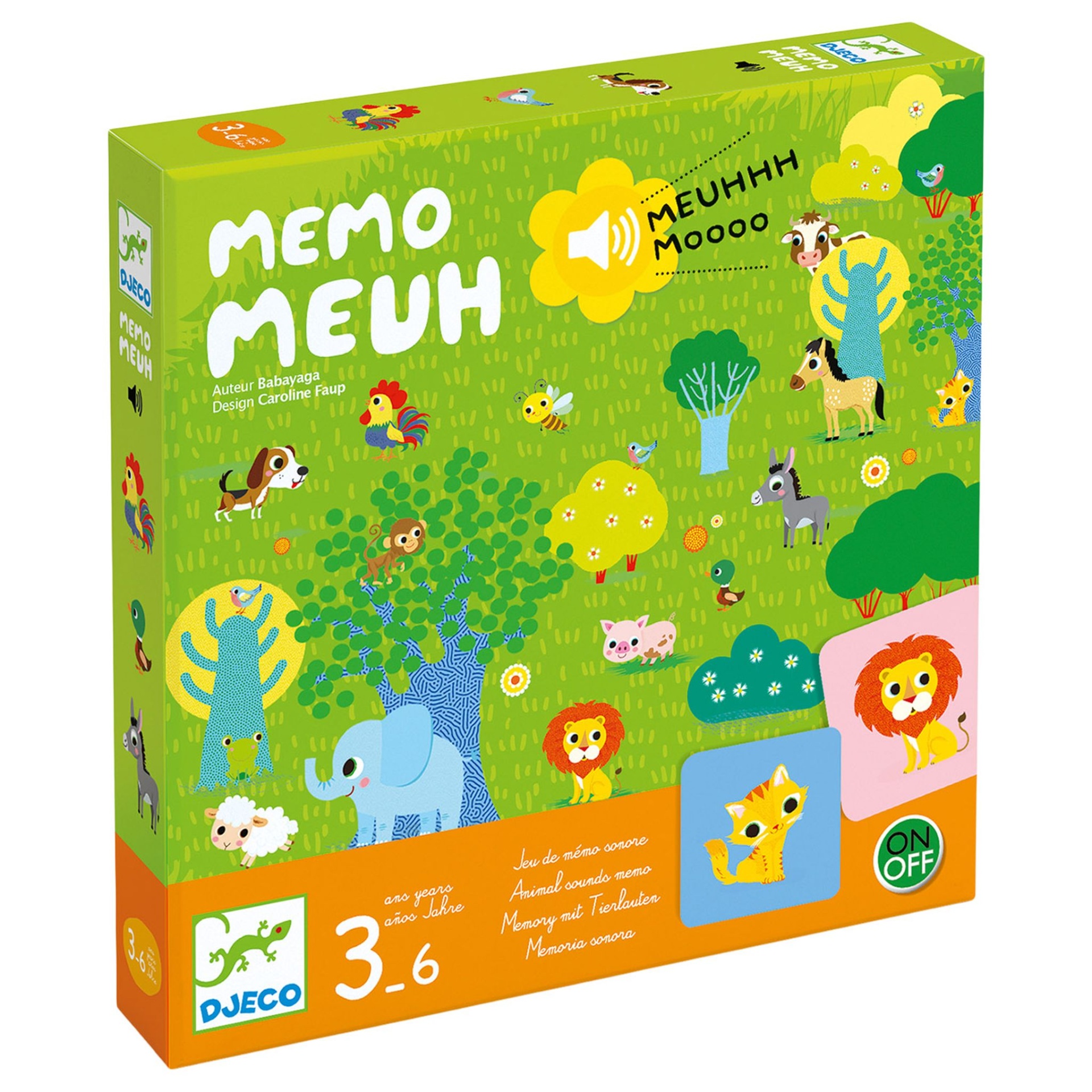MEMO MEUH - JOGO DE MEMÓRIA SONORA, DJECO Caixa de jogo infantil MEMO MEUH com ilustrações de animais coloridos