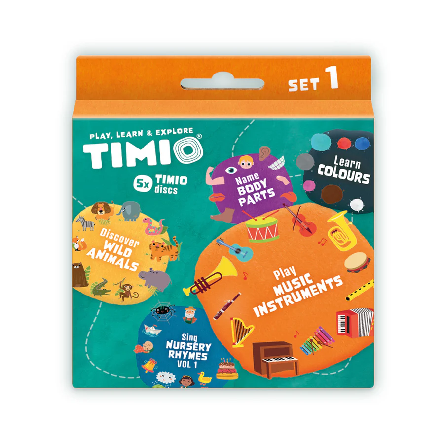 CONJUNTO DE DISCOS TIMIO - SET 1 Embalagem colorida do produto educativo TIMIO com ilustrações de animais, instrumentos musicais e textos educativos