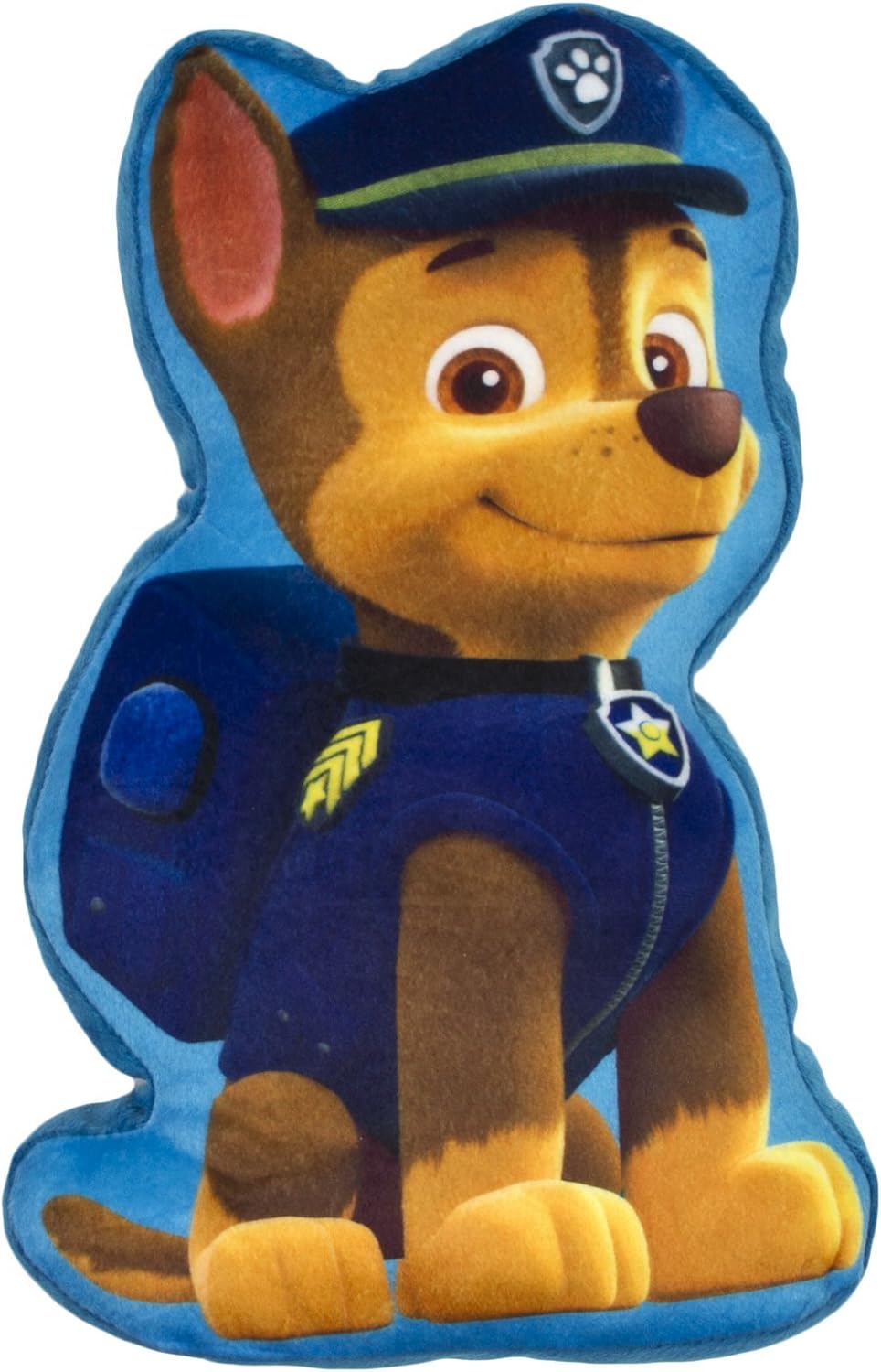 ALMOFADA ACOLCHOADA 3D 38CM - CHASE (PATRULHA PATA) Almofada infantil formato personagem Chase da Patrulha Pata com uniforme azul e boné