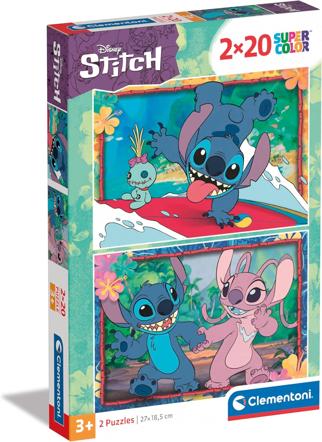 PUZZLE STITCH - 2X20 PEÇAS, CLEMENTONI Embalagem de puzzles Disney Stitch com personagens Stitch e Angel em fundo tropical