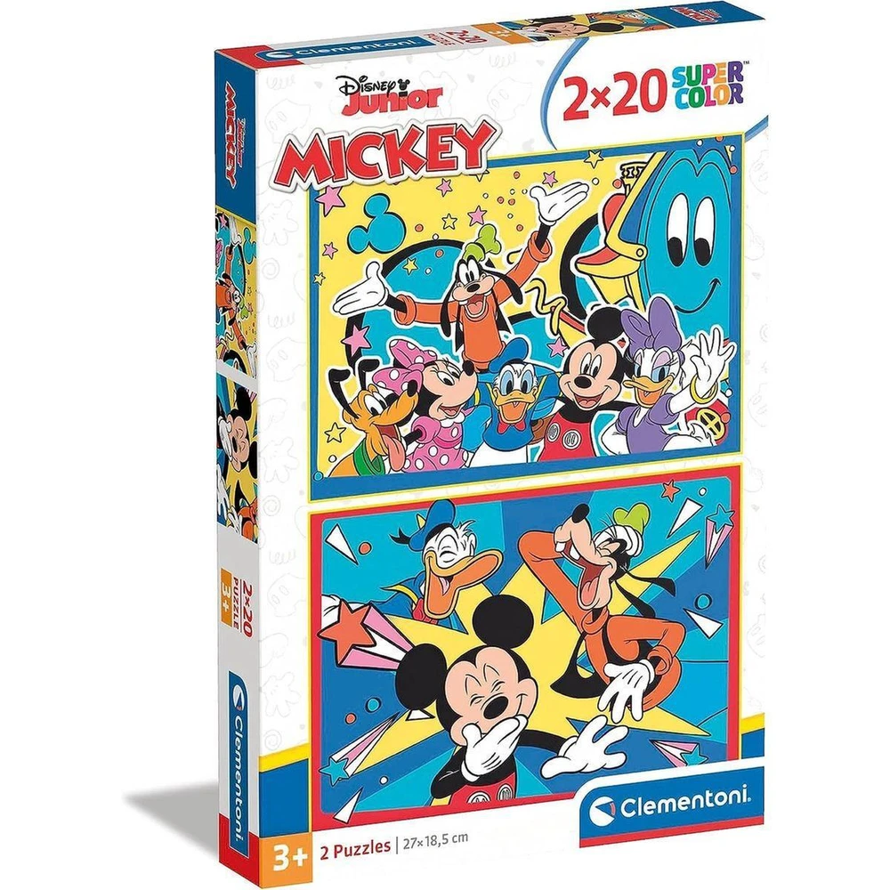 Puzzle Mickey Mouse e Amigos - 2×20 Peças, Clementoni Caixa de puzzles Disney Junior Mickey com imagens coloridas dos personagens e texturas de puzzle.