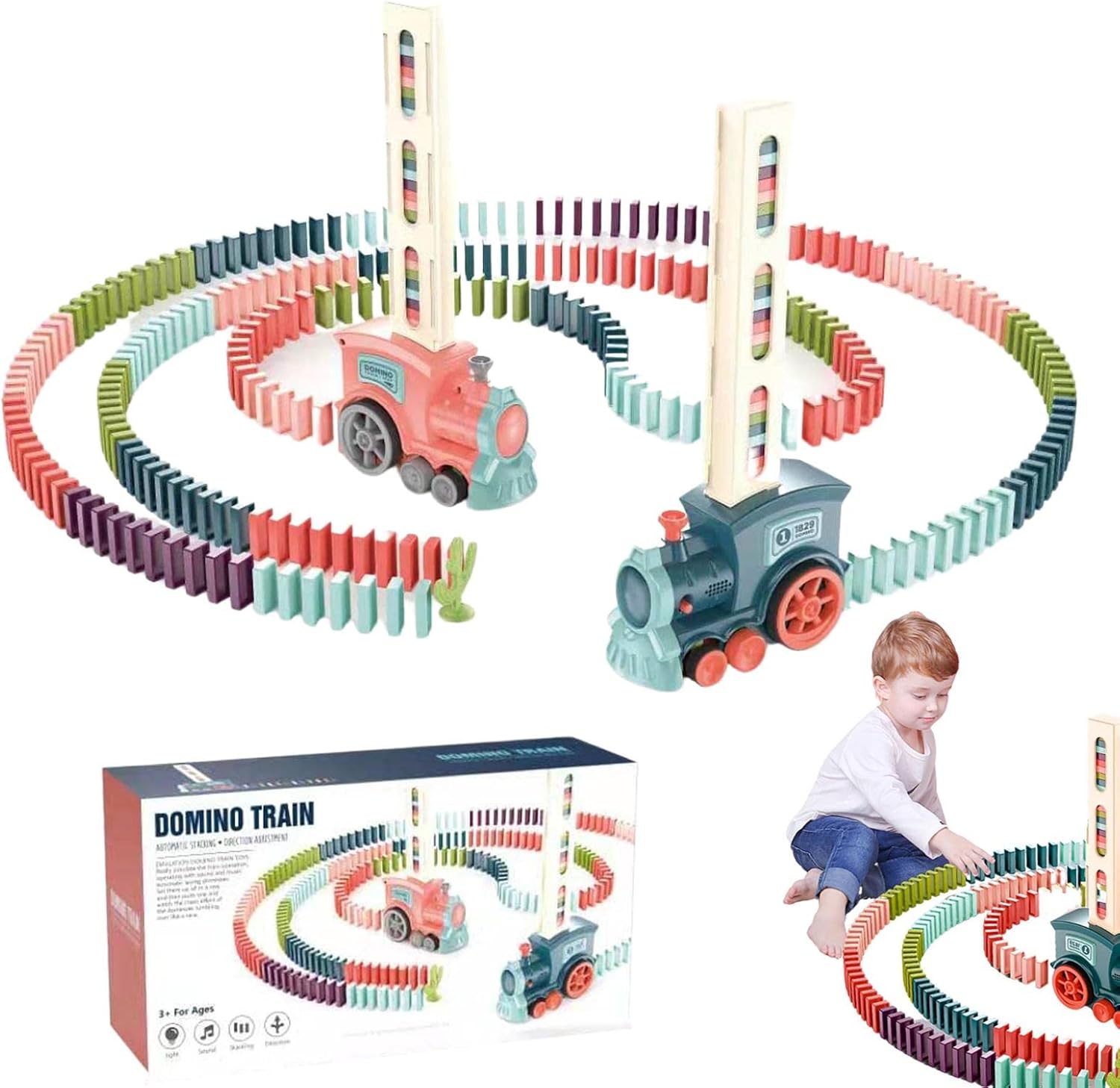 COMBOIO DOMINÓ AUTOMÁTICO Conjunto de dominós com comboios de madeira e criança a jogar