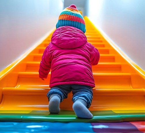 Criança a subir escada laranja, veste casaco rosa e gorro colorido