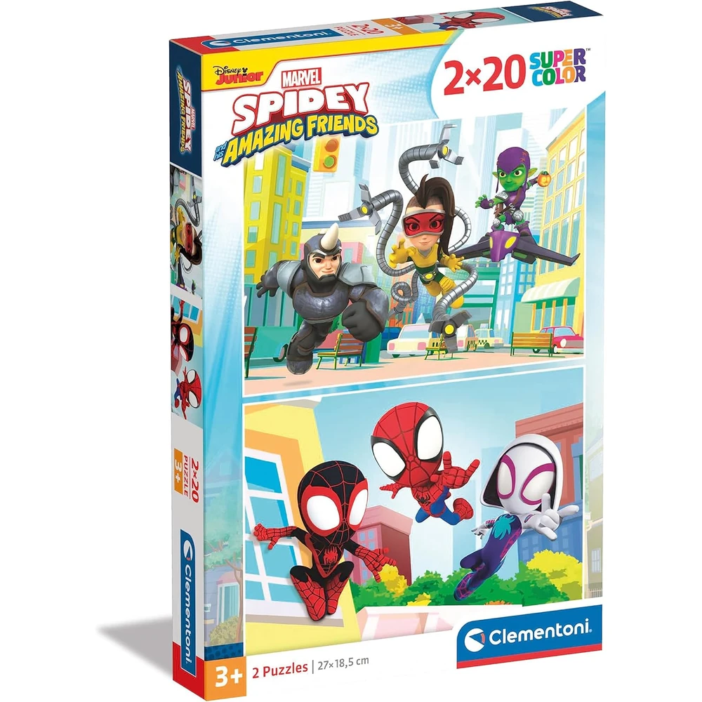 Puzzle Spidey e Amigos - 2x20 Peças, Clementoni Caixa de puzzles Marvel Spidey and his Amazing Friends para crianças com personagens coloridos