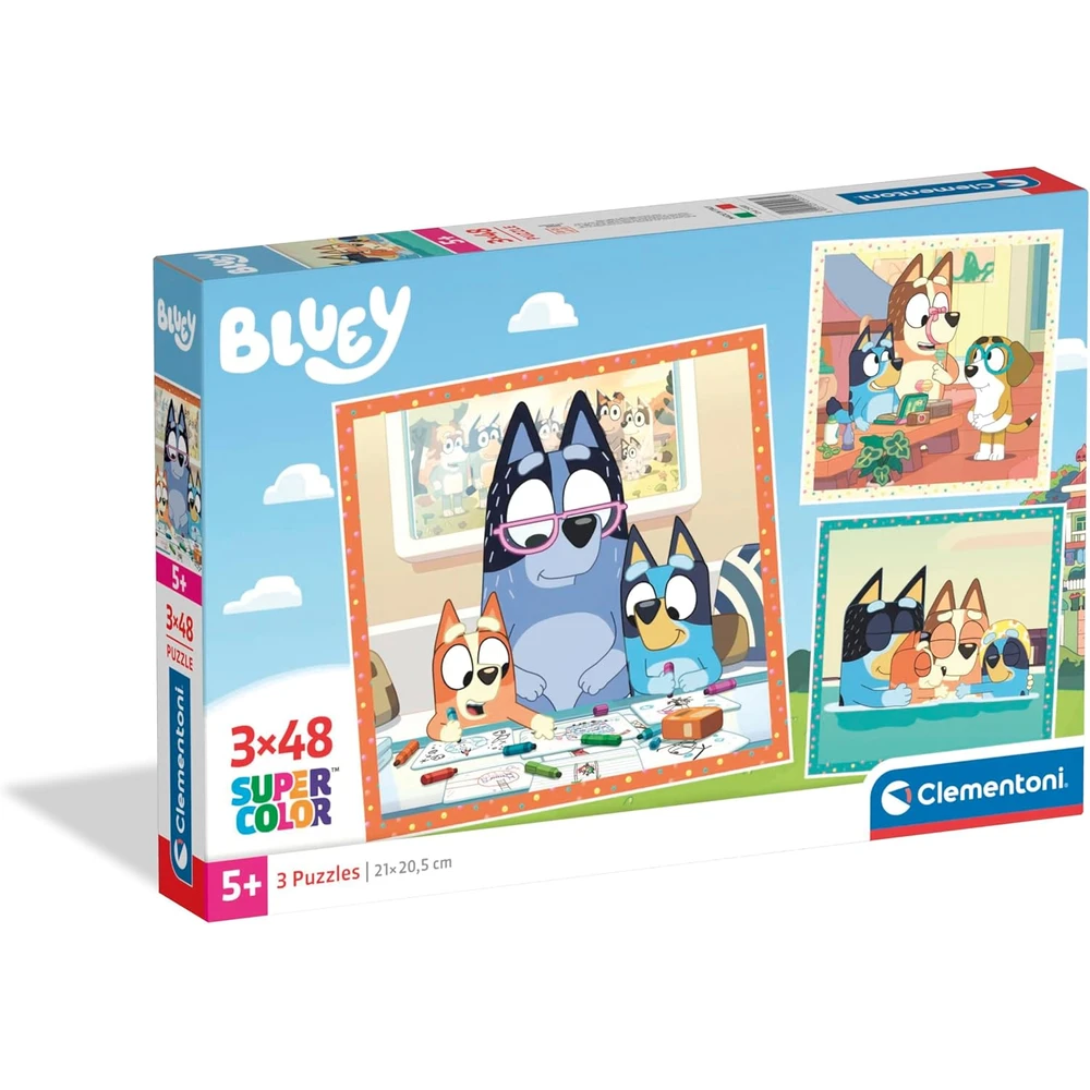 Puzzle Bluey - 3×48 Peças, Clementoni Embalagem de puzzle Bluey com 3 puzzles de 48 peças para crianças maiores de 5 anos