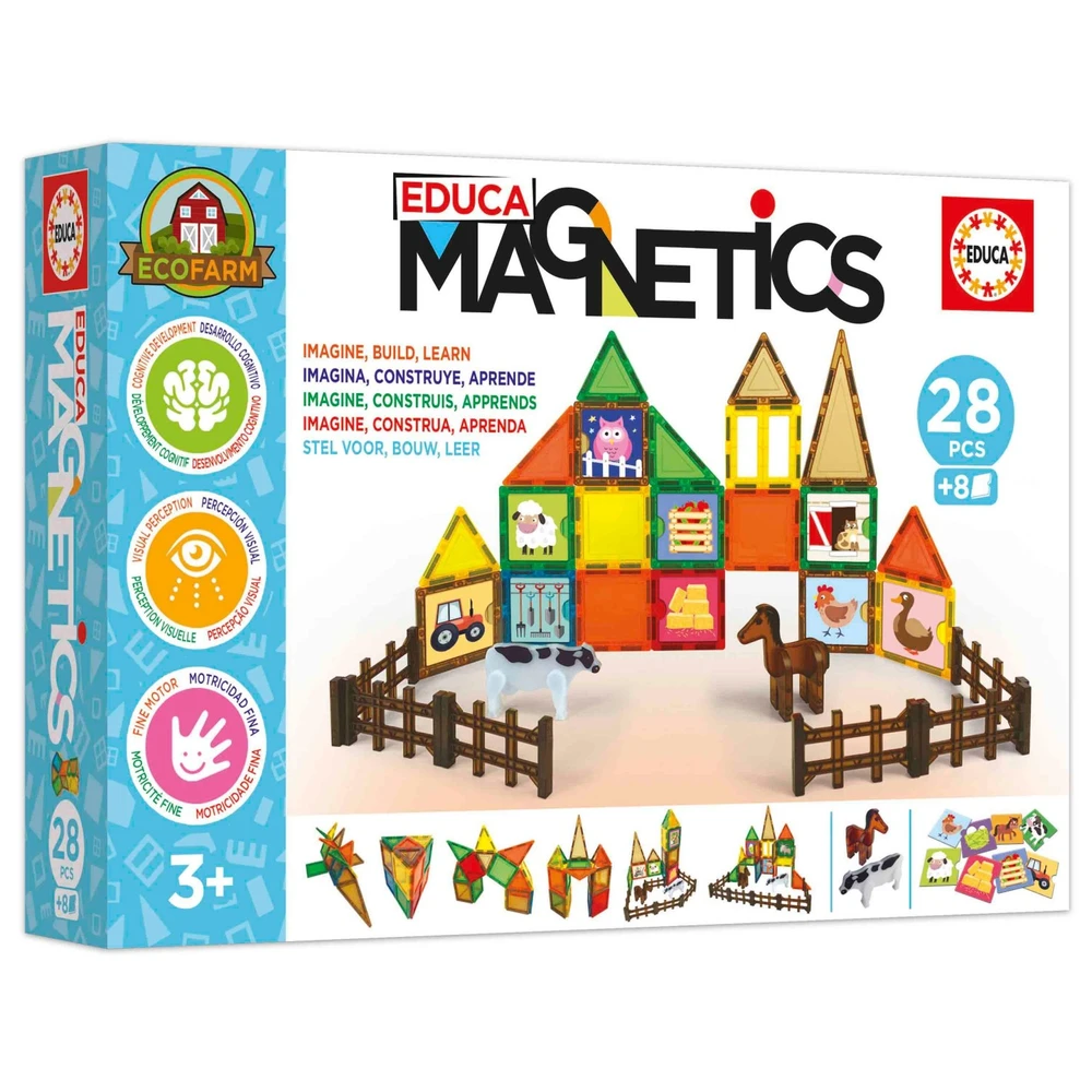 Magnetics - Construção Magnética Quinta 28 Peças + 8 Acessórios, Educa Brinquedo educativo magnético com peças coloridas e figuras de animais, embalagem EDUCA MAGNETICS ECOFARM