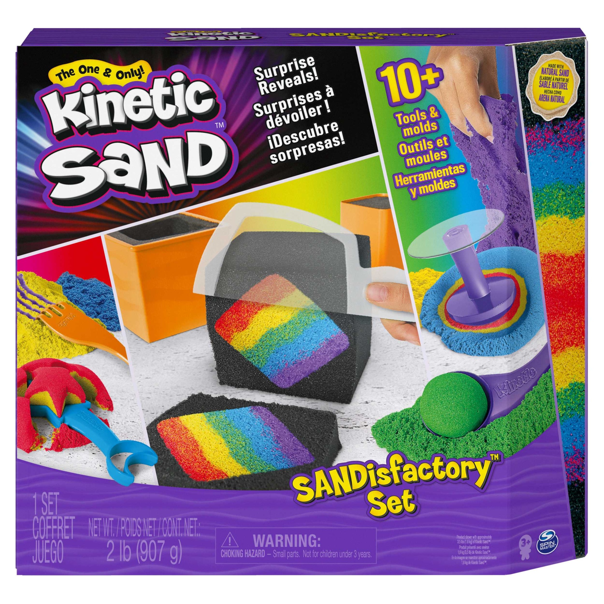 SANDISFACTORY SET - AREIA CINÉTICA 907g COM FORMAS E ACESSÓRIOS, KINETIC SAND Caixa do set Kinetic Sand SANDisfactory com areia colorida e ferramentas