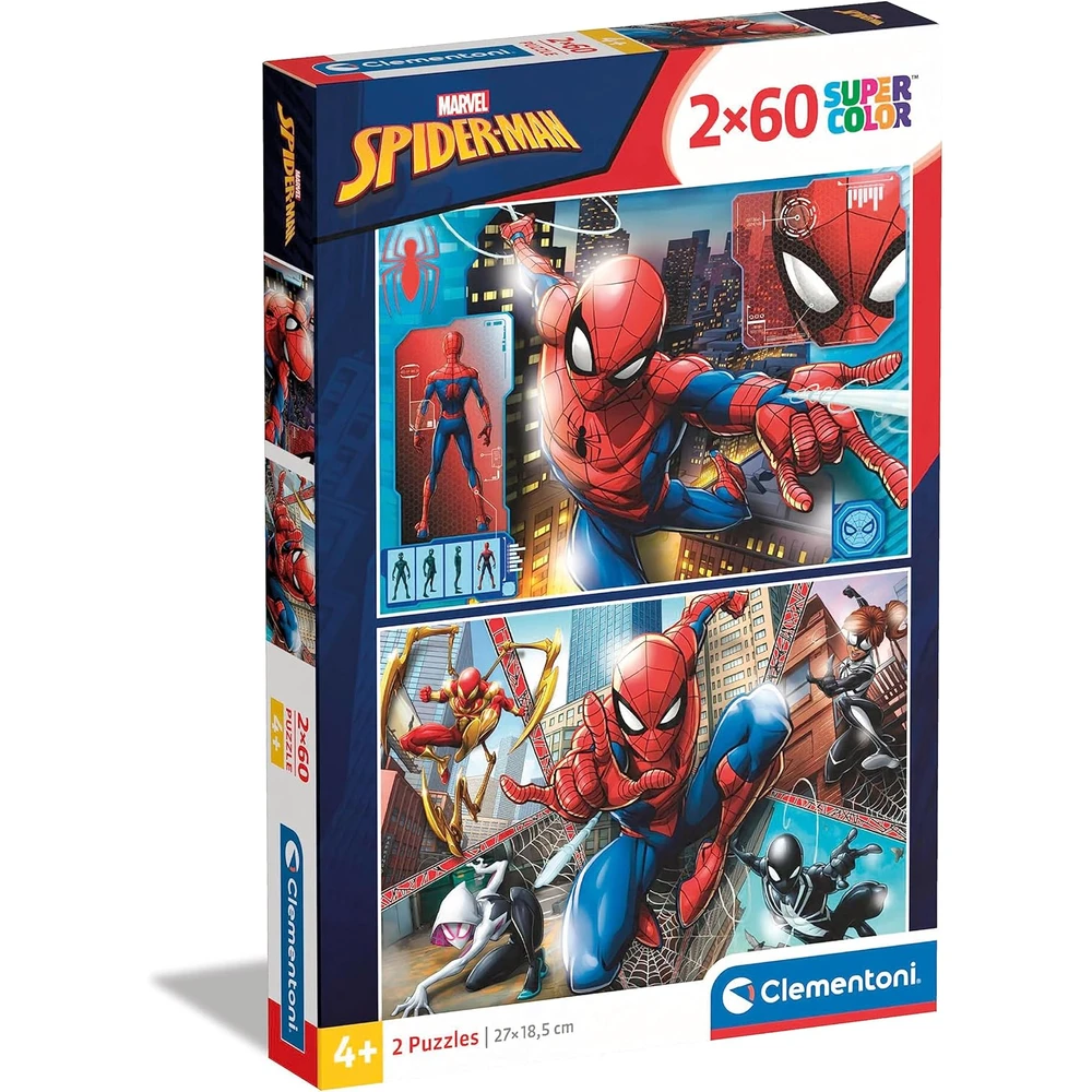 Puzzle Spiderman - 2×60 Peças, Clementoni Caixa de puzzles Spider-Man Marvel coloridos 2x60 peças.
