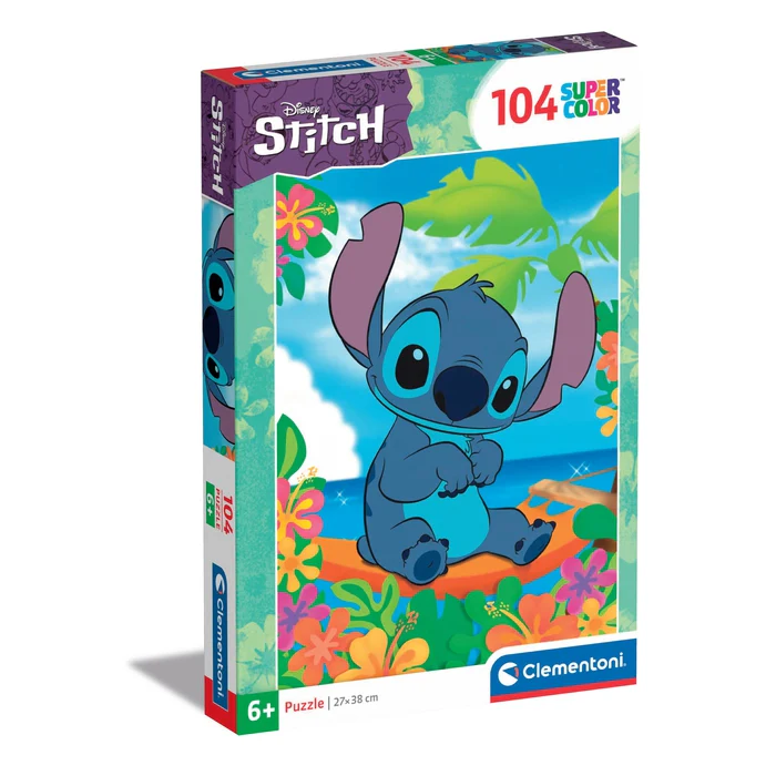 Puzzle Stitch - 104 Peças, Clementoni Caixa de puzzle com personagem Stitch sentado numa paisagem tropical colorida.