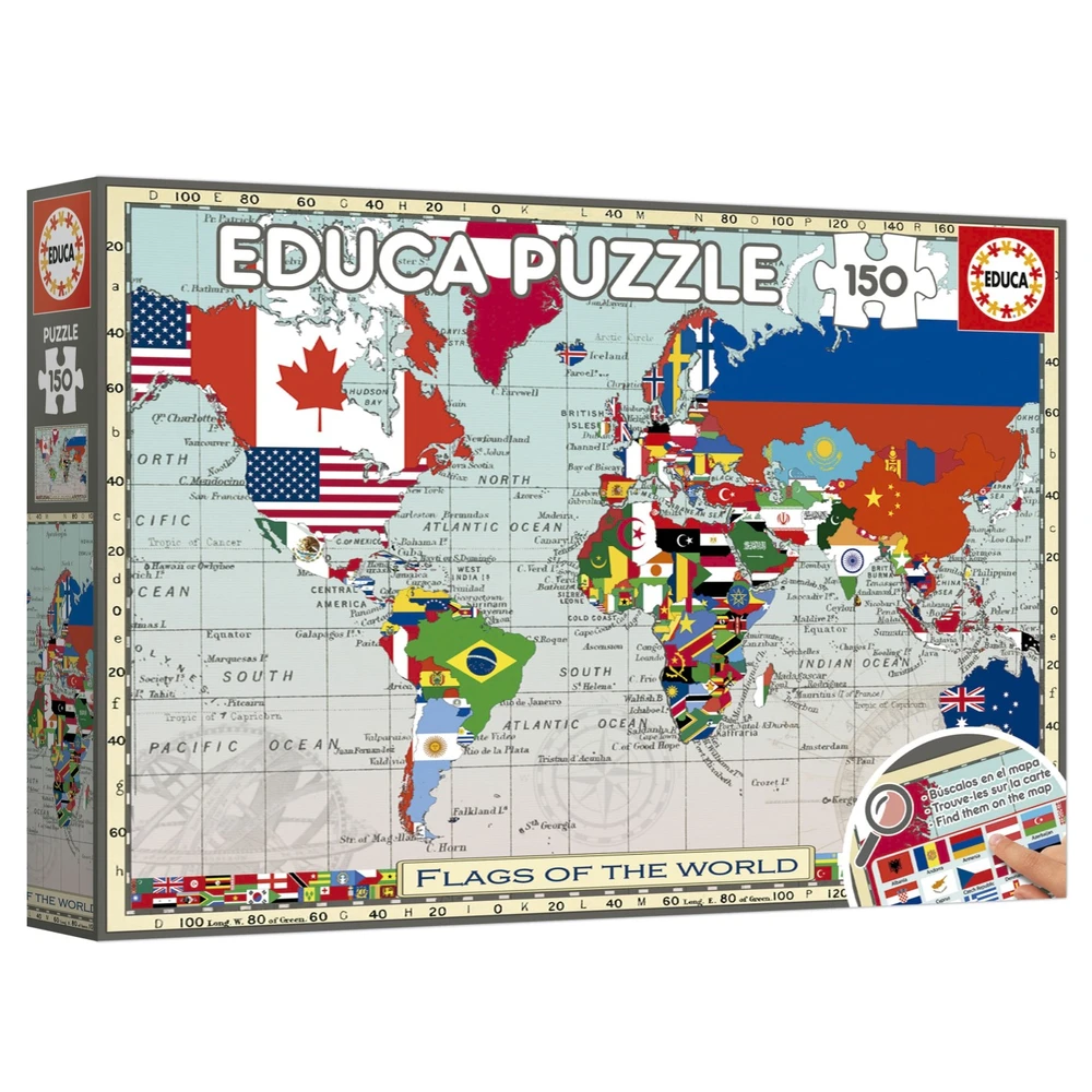 Puzzle Bandeiras do Mundo - 150 Peças, Educa Caixa de puzzle EDUCA de 150 peças com mapa mundi e bandeiras dos países