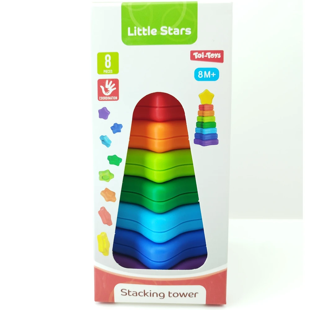 Torre Estrela Colorida Empilhável (+8 meses) Brinquedo empilhável Little Stars colorido em caixa branca.