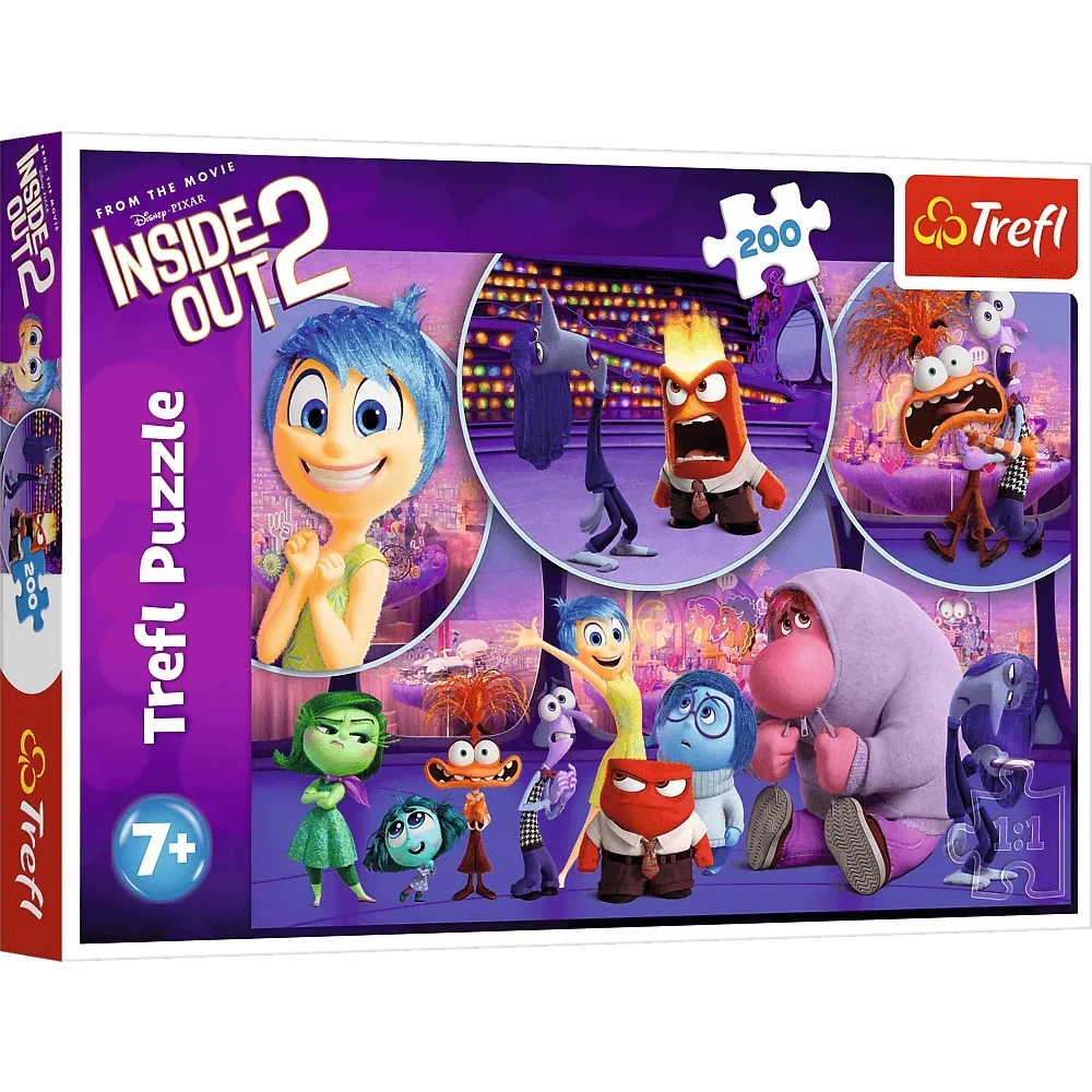 Puzzle Divertida-Mente 2 (Inside Out 2) - 200 Peças, Trefl Caixa de puzzle Trefl Inside Out 2 com 200 peças e personagens coloridos do filme da Disney Pixar