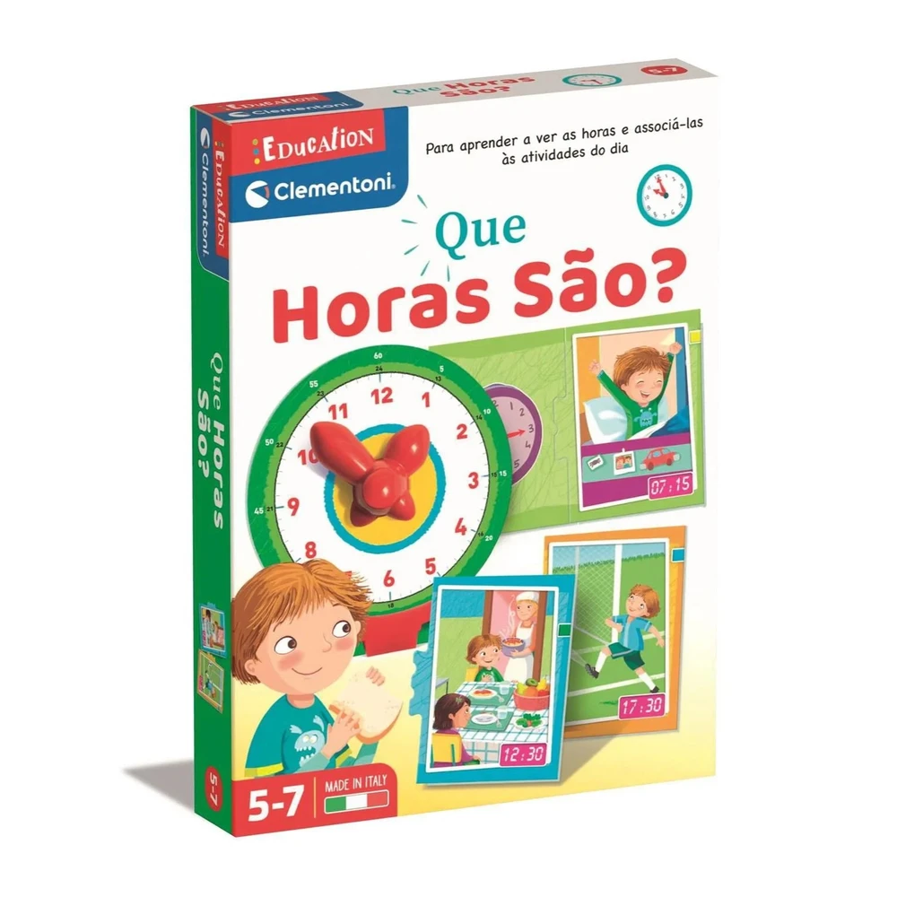 Jogo Que Horas São?, Clementoni Jogo educativo com relógio e ilustrações para aprender as horas