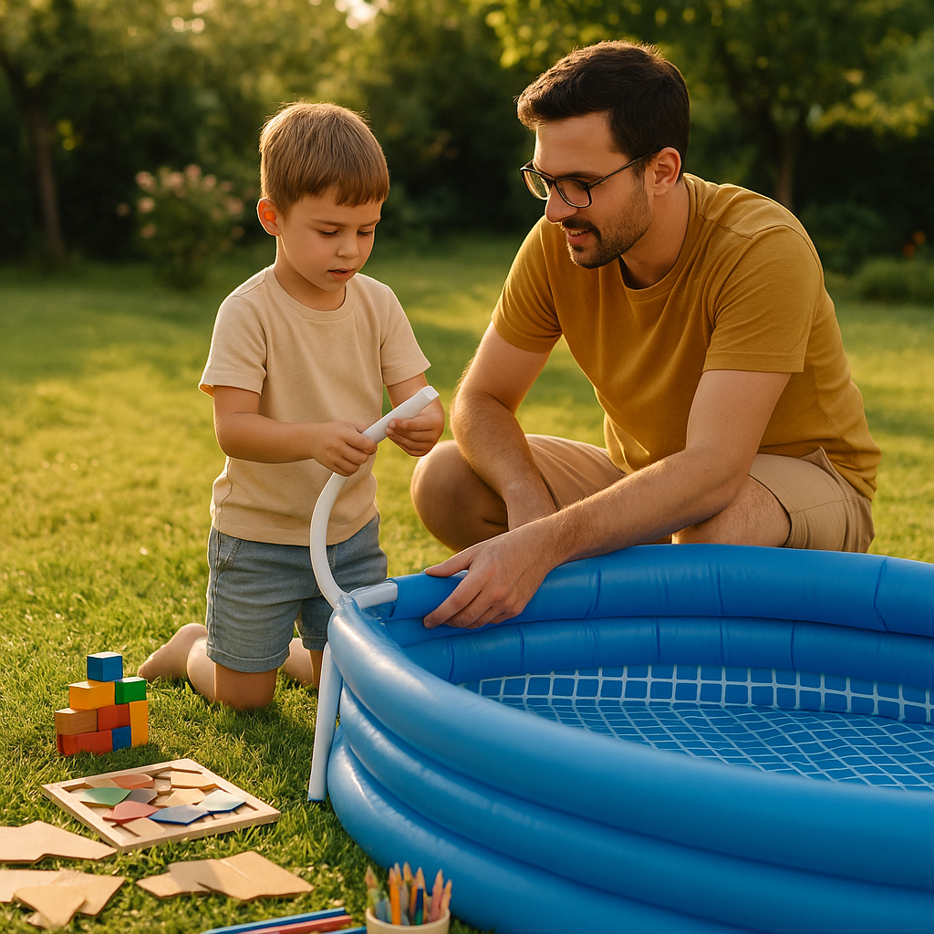 Piscina insuflável azul em relva com menino e homem a brincar e blocos de construção coloridos