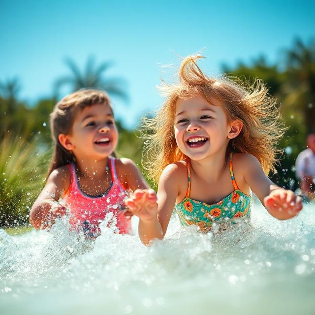 Duas crianças felizes a brincar na água com fatos de banho coloridos em dia solarengo