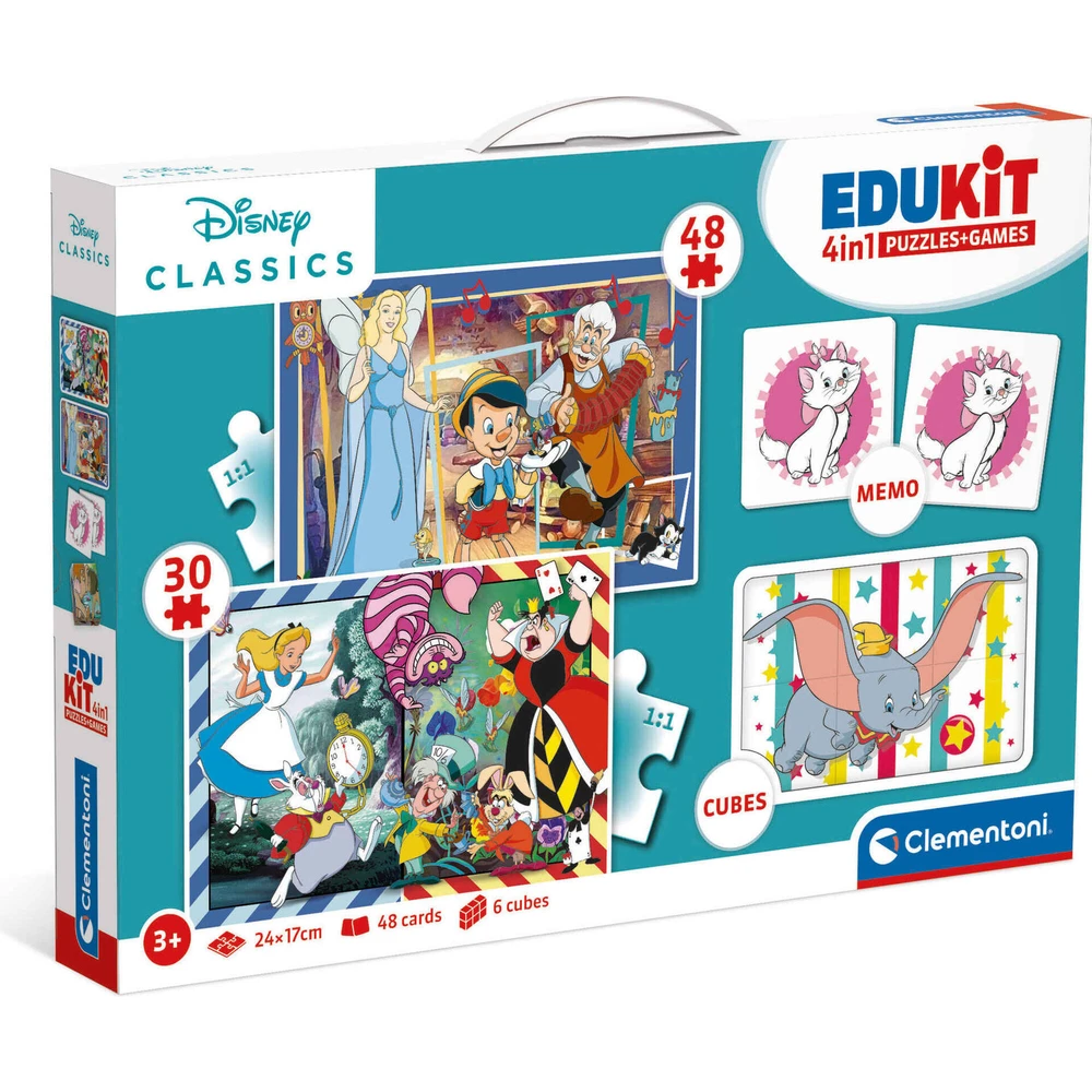 Edukit - Kit Educativo 4 em 1 Clássicos Disney, Clementoni Conjunto de puzzles e jogos EduKit 4 em 1 da Clementoni com personagens da Disney, em caixa colorida.