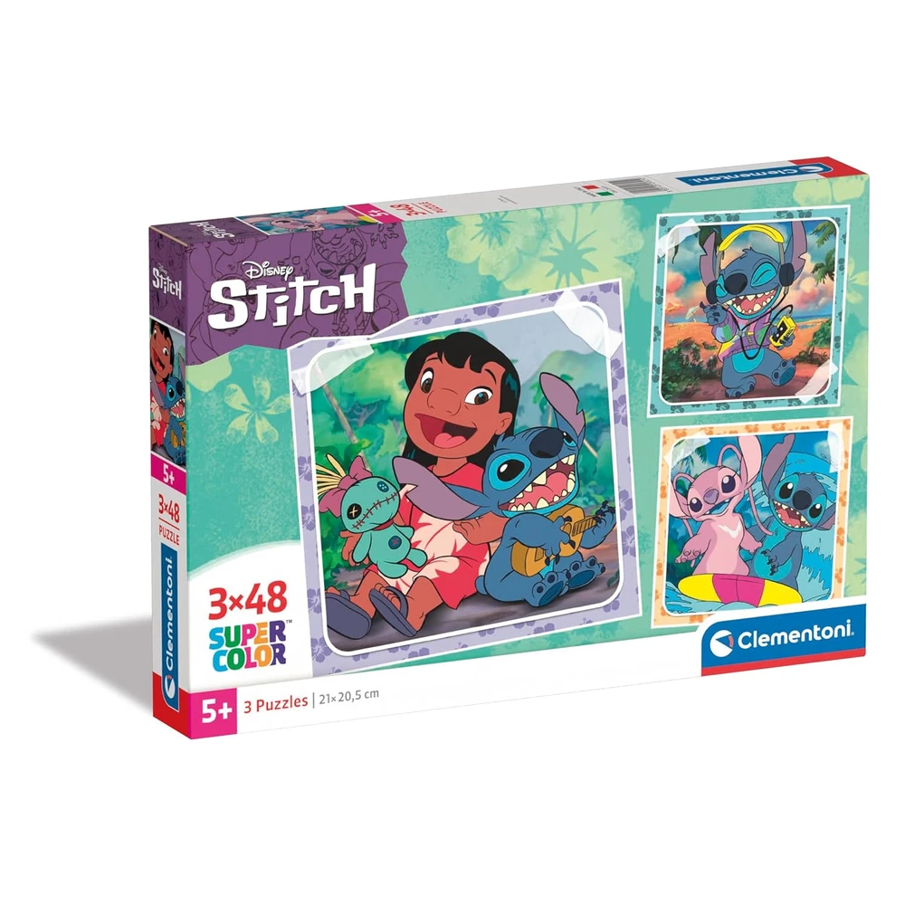 Puzzle Stitch - 3×48 Peças, Clementoni Caixa de puzzle Disney Stitch com 3 puzzles coloridos de 48 peças cada.