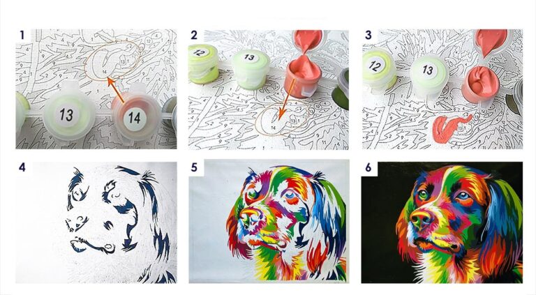 Sequência de seis imagens mostrando um quadro de pintura por números do rosto de um cão, com potes de tinta numerados e pincel