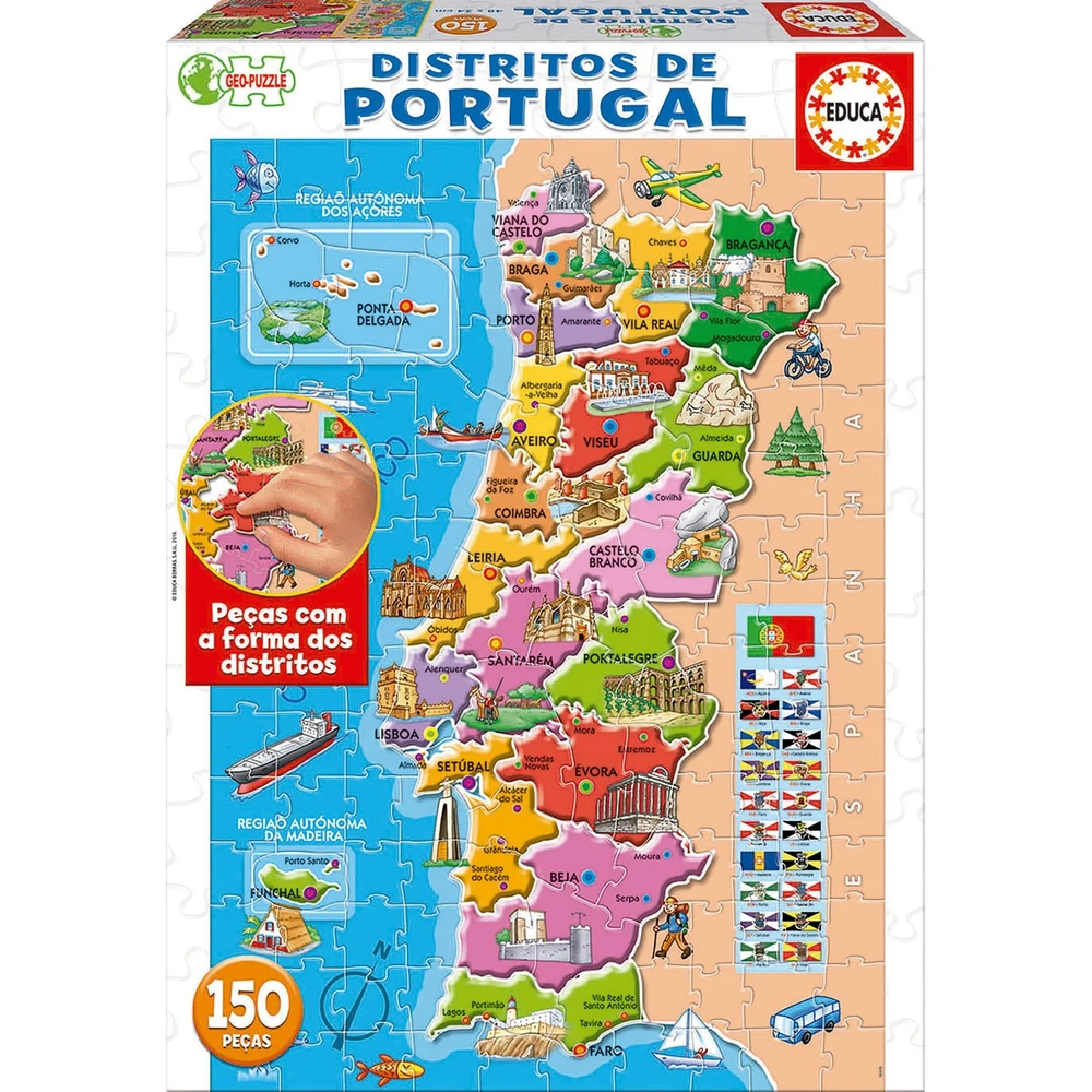 Puzzle Distritos de Portugal - 150 Peças, Educa Puzzle distritos de Portugal educativo com 150 peças coloridas e ilustradas