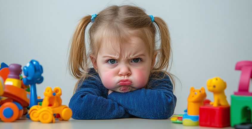 Criança loira com rabo de cavalo e camisola azul rodeada por brinquedos coloridos