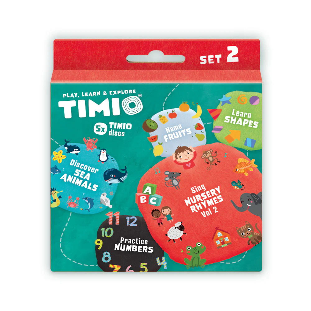 CONJUNTO DE DISCOS TIMIO - SET 2 Caixa colorida de set de discos educativos TIMIO para crianças com temas de frutas, animais marinhos, formas, números e cantigas infantis.