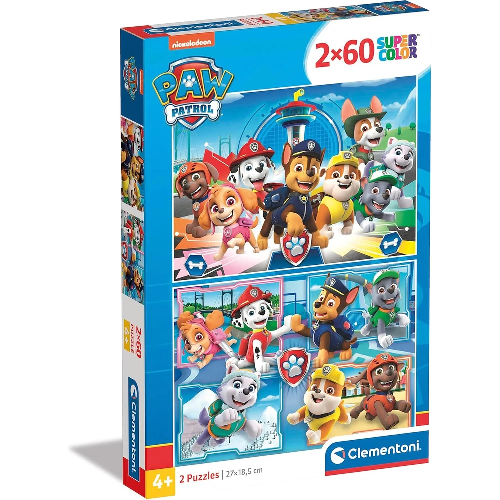 Puzzle Patrulha Pata - 2×60 Peças, Clementoni Caixa do puzzle PAW Patrol com 2x60 peças e personagens coloridos