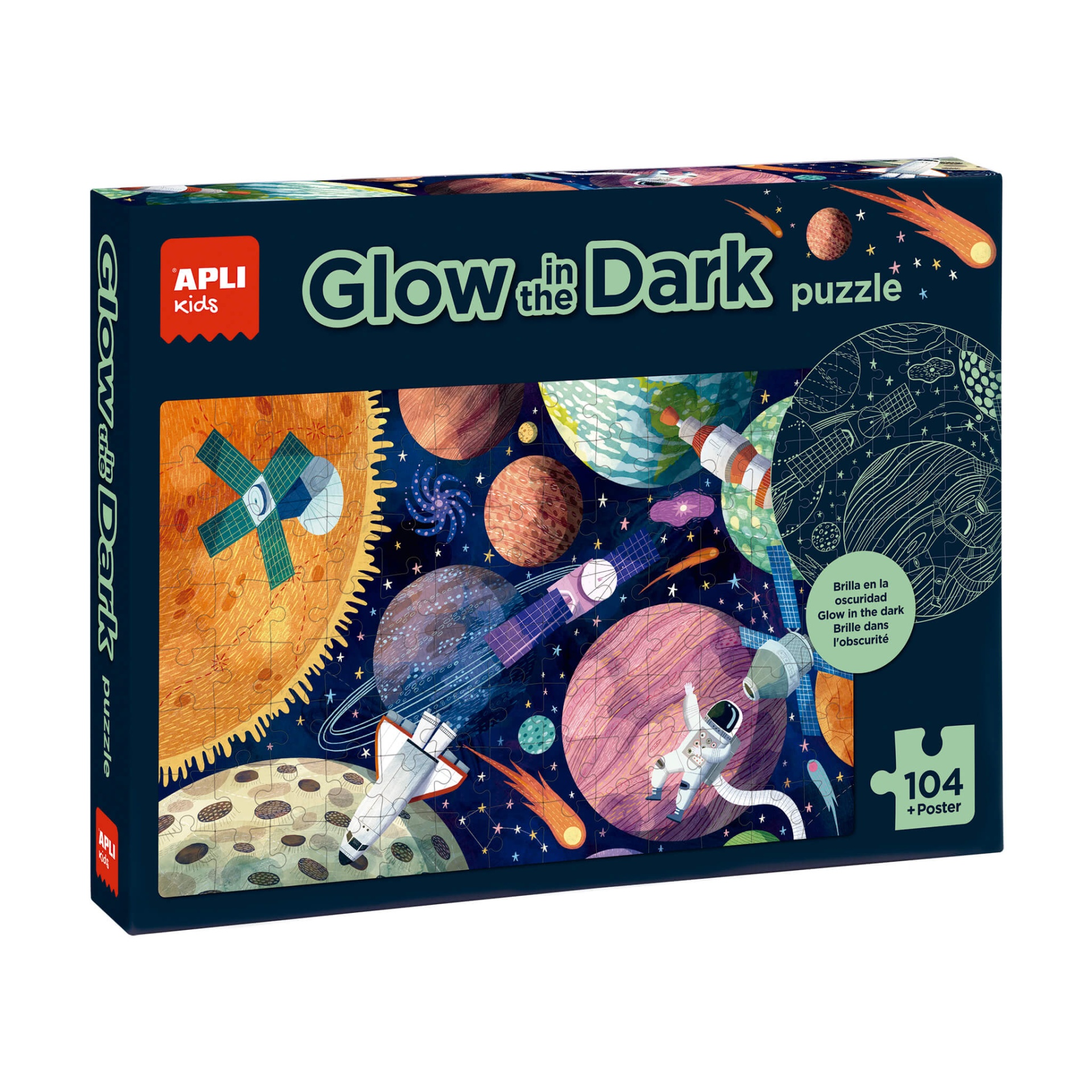PUZZLE FOSFORESCENTE: SISTEMA SOLAR BRILHA NO ESCURO - 104 PEÇAS, APLI Caixa de quebra-cabeças Glow in the Dark com ilustração espacial