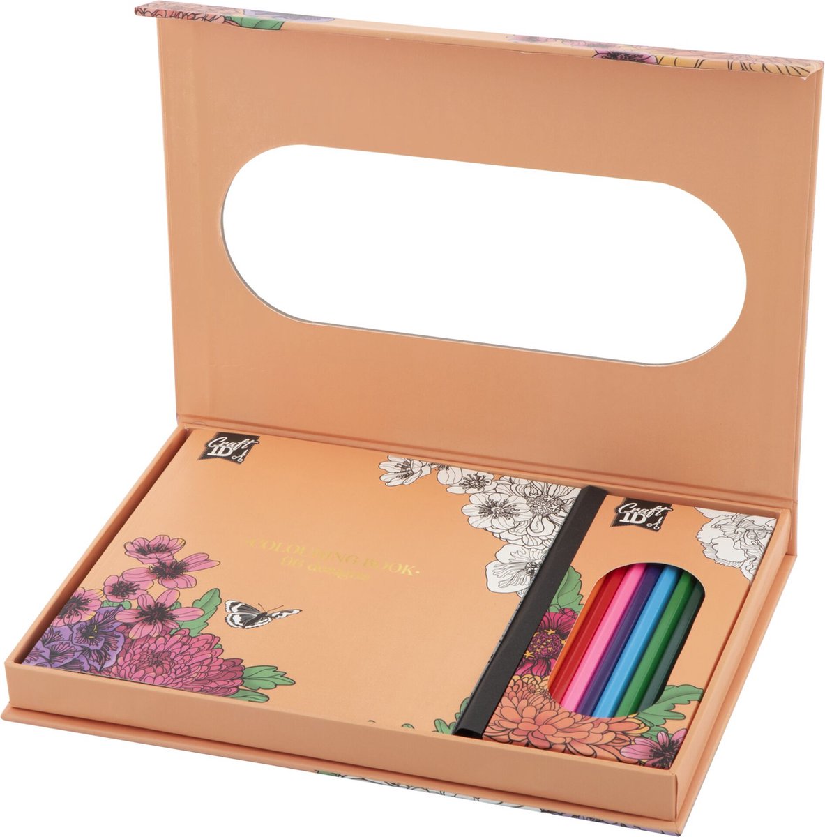 Conjunto de desenho decorado com flores e lápis de cor