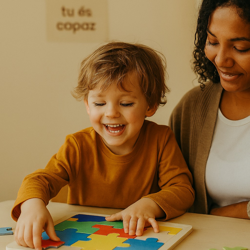 Criança a montar puzzle de madeira colorido com adulto ao lado