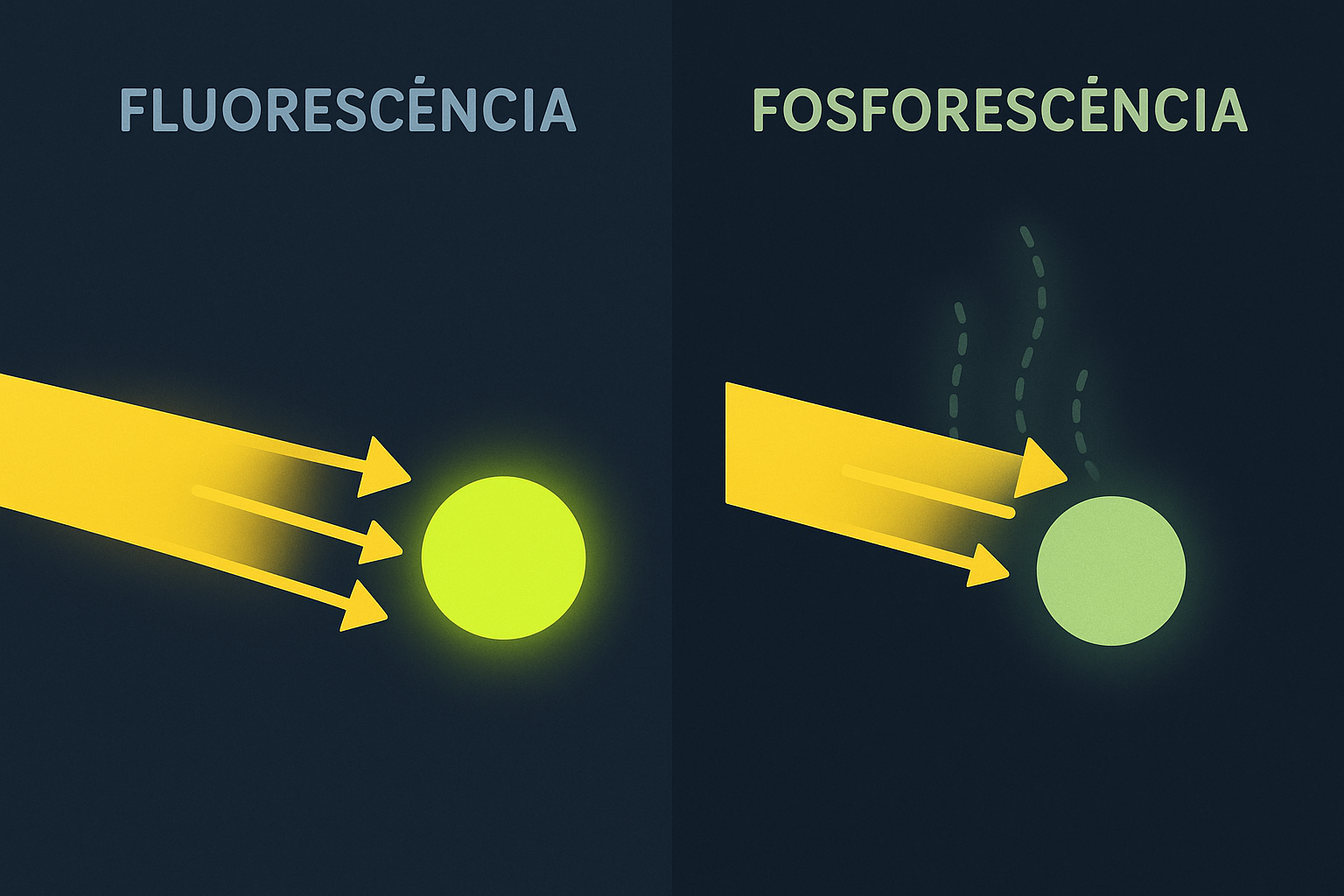 Diagrama comparativo de fluorescência e fosforescência com setas amarelas e círculos verdes numa tela escura