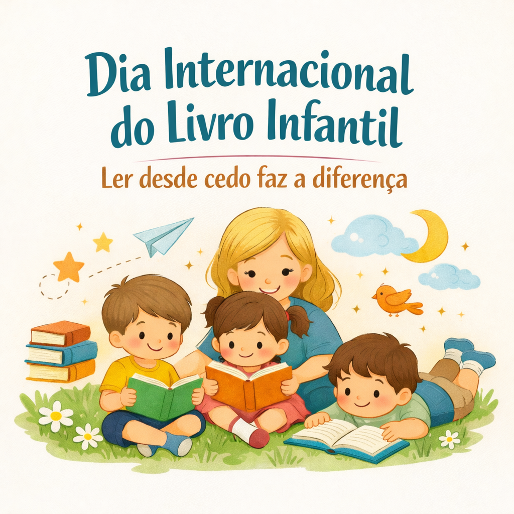 Ilustração de mulher e três crianças a lerem livros na relva com elementos decorativos e texto sobre o Dia Internacional do Livro Infantil.