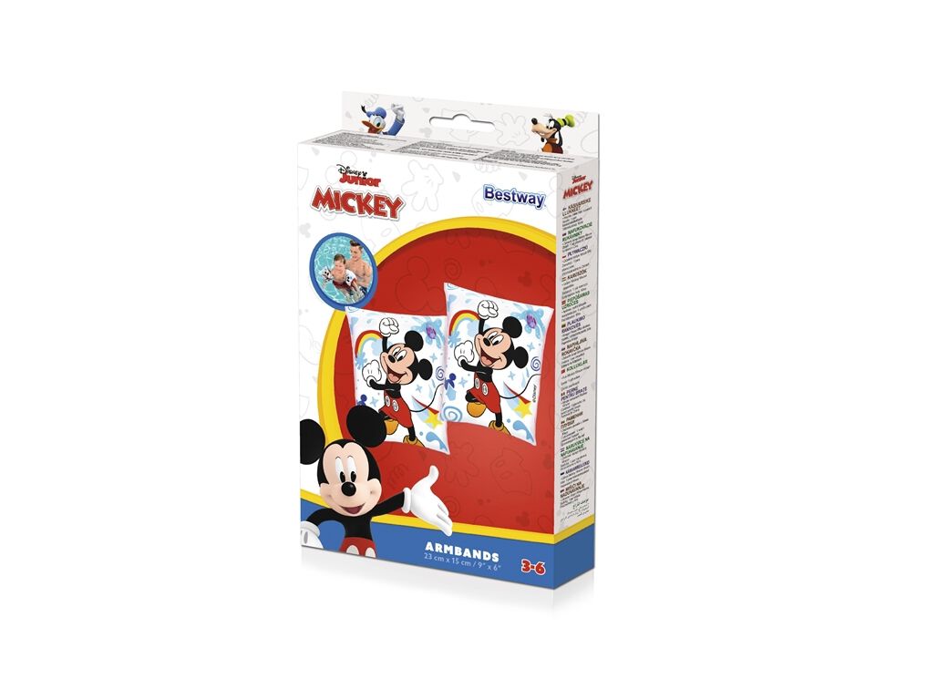 BRAÇADEIRAS INSUFLÁVEIS 23CM X 15CM MICKEY BESTWAY Embalagem colorida com braçadeiras infantis do Mickey Mouse