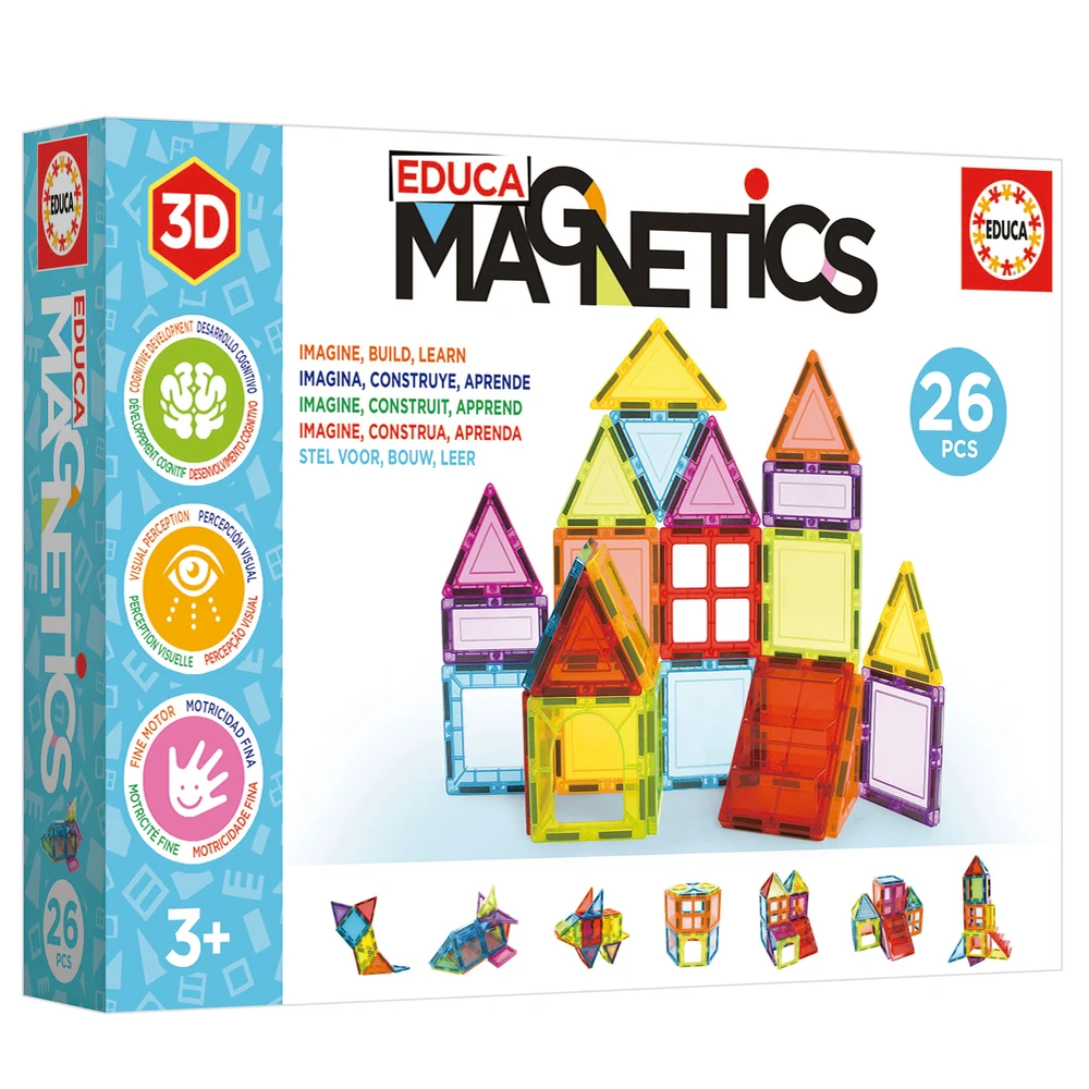 Magnetics - Jogo de Construção Magnética 26 Peças, Educa Caixa do conjunto EDUCA Magnetics com 26 peças magnéticas coloridas para crianças 3+