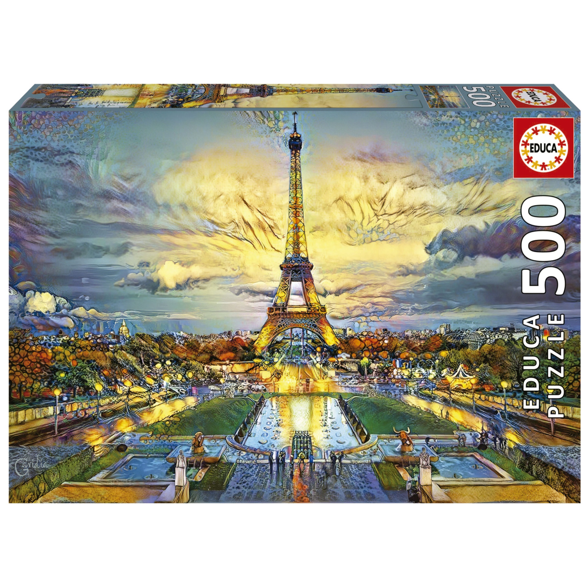 Puzzle Torre Eiffel - 500 Peças, Educa Caixa de puzzle EDUCA 500 peças com imagem da Torre Eiffel ao entardecer