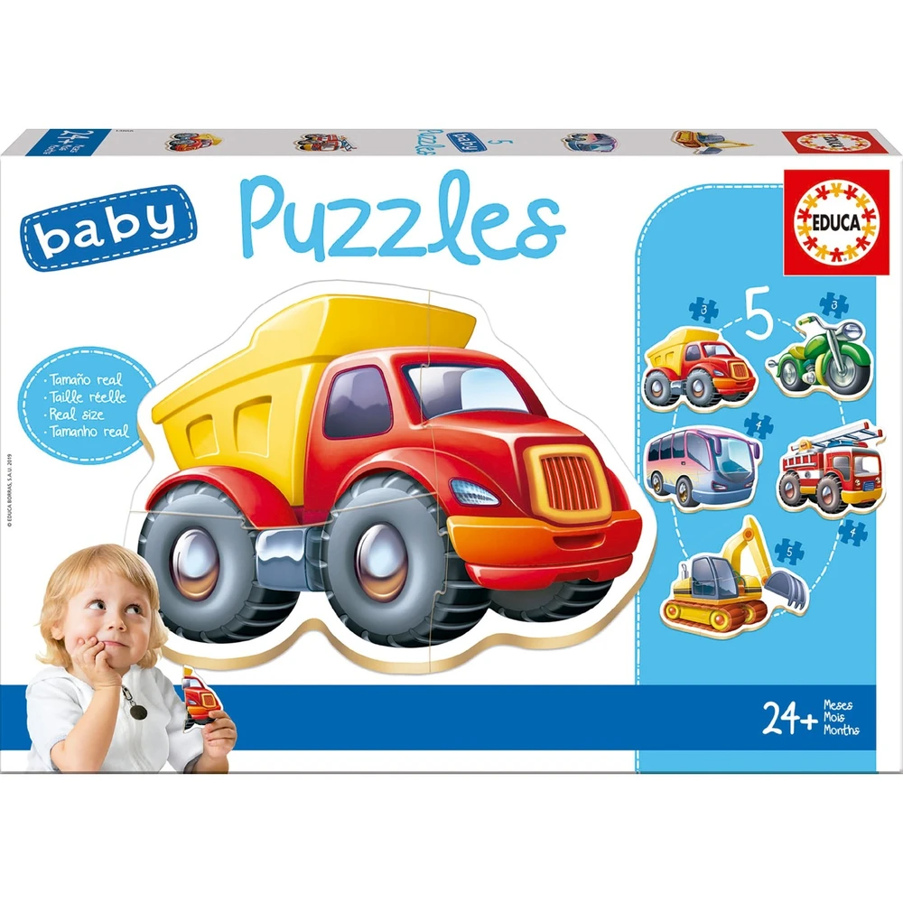 Baby Puzzles: Veículos, Educa Embalagem de puzzle para bebés com camião basculante amarelo e vermelho e veículos ilustrados