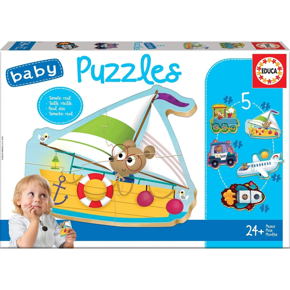 Baby Puzzles: Veículos 2, Educa Embalar de baby puzzles de madeira com desenhos coloridos de veículos e indicação para 24+ meses