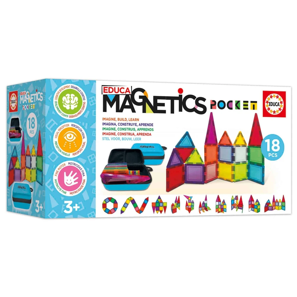 Magnetics Pocket - Construção Magnética Portátil 18 Peças, Educa Jogo educativo de peças magnéticas coloridas com estojo azul