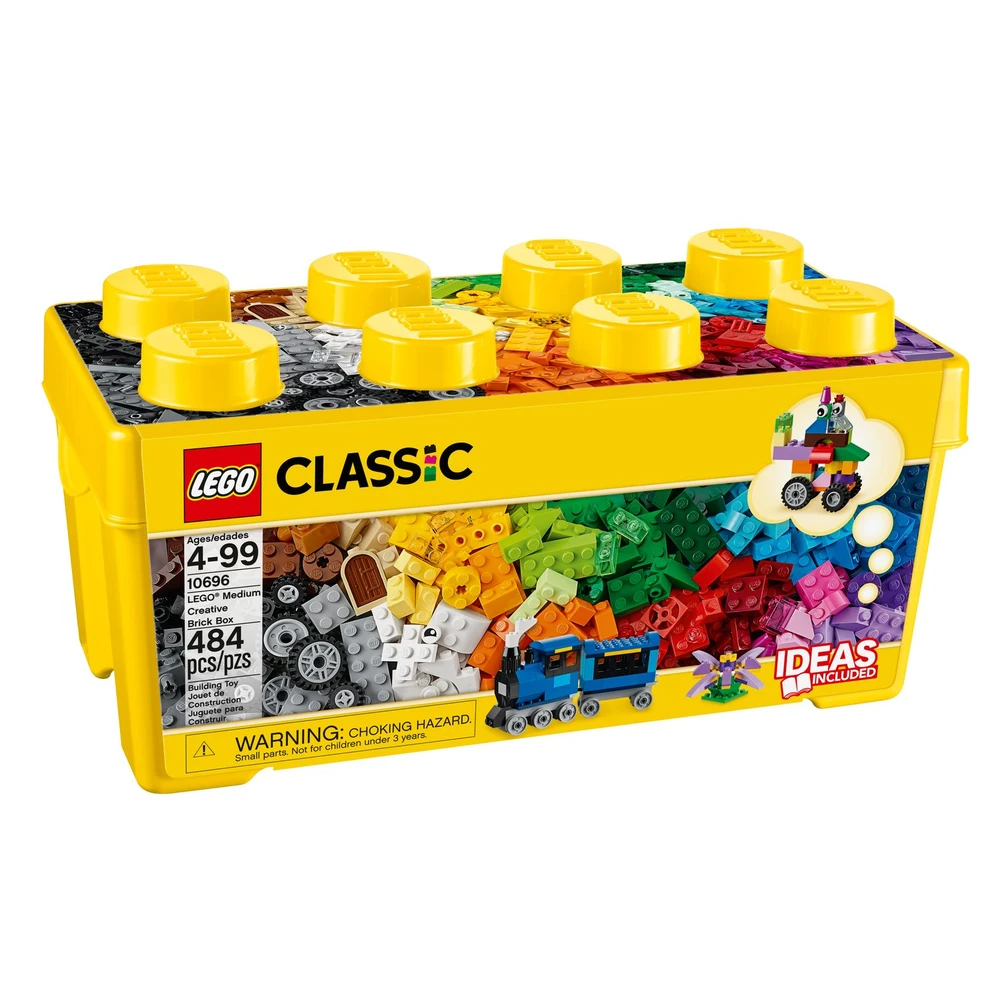 Lego Classic: Caixa Média de Peças Criativas 10696 Caixa amarela de peças LEGO Classic com várias peças coloridas visíveis e texto informativo