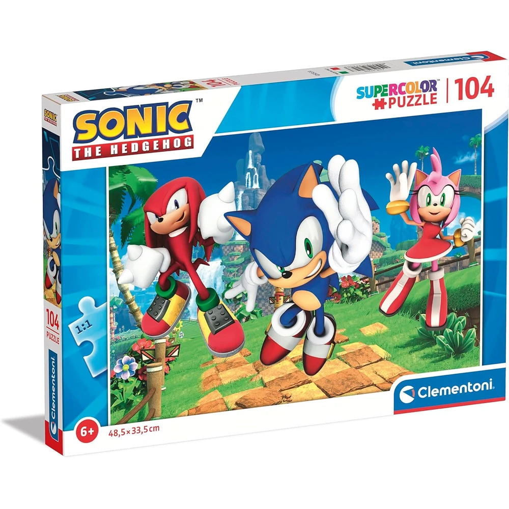 Puzzle Sonic e Amigos - 104 Peças, Clementoni Embalagem de puzzle Sonic the Hedgehog com 104 peças